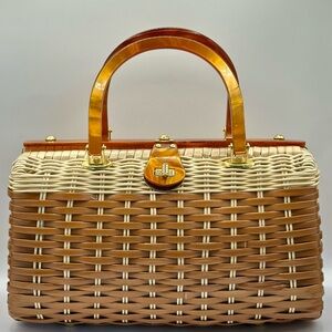 Retro 1960s Woven Lucite Basket Handbag Marbled Amber Lucite Hardware & Handles